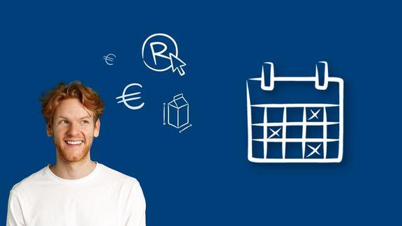 Man die nadenkt met een euro- en R-teken en icoon van een agenda