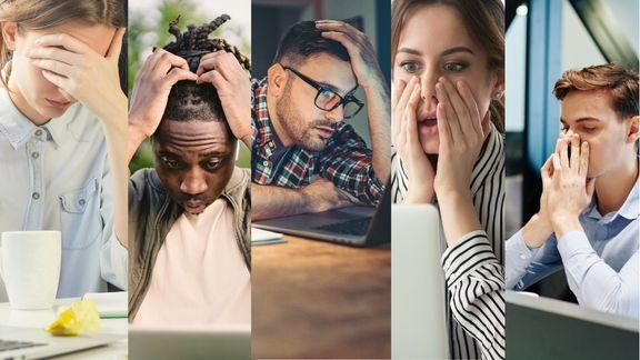 portretten van 5 personen die schrikken